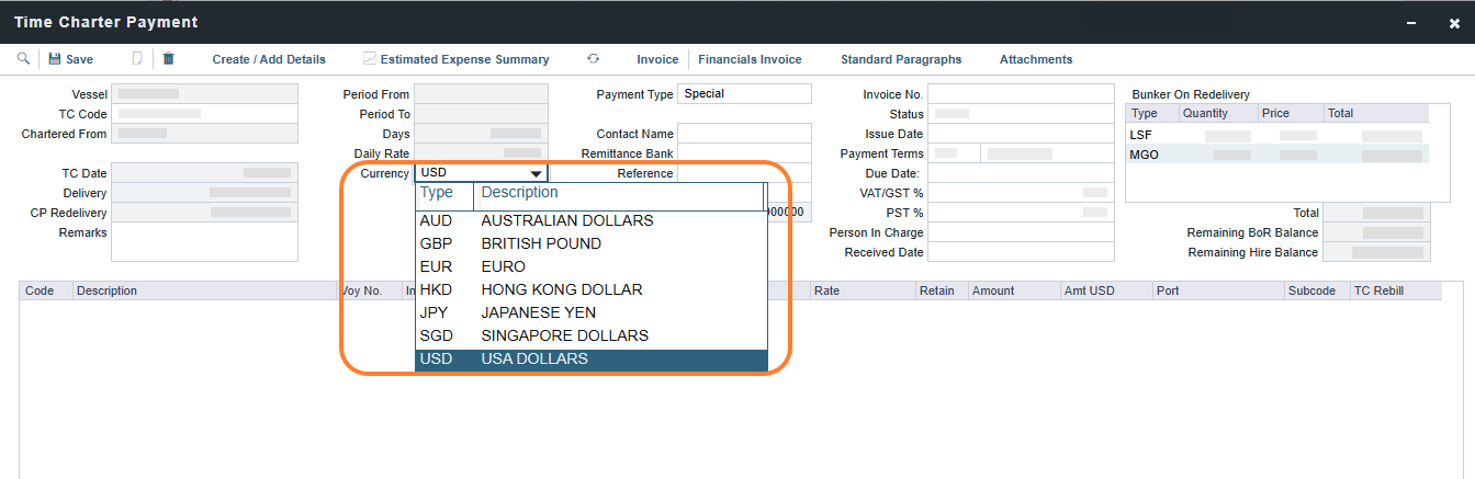Special Type TC Payment in IMOS showing the currency options