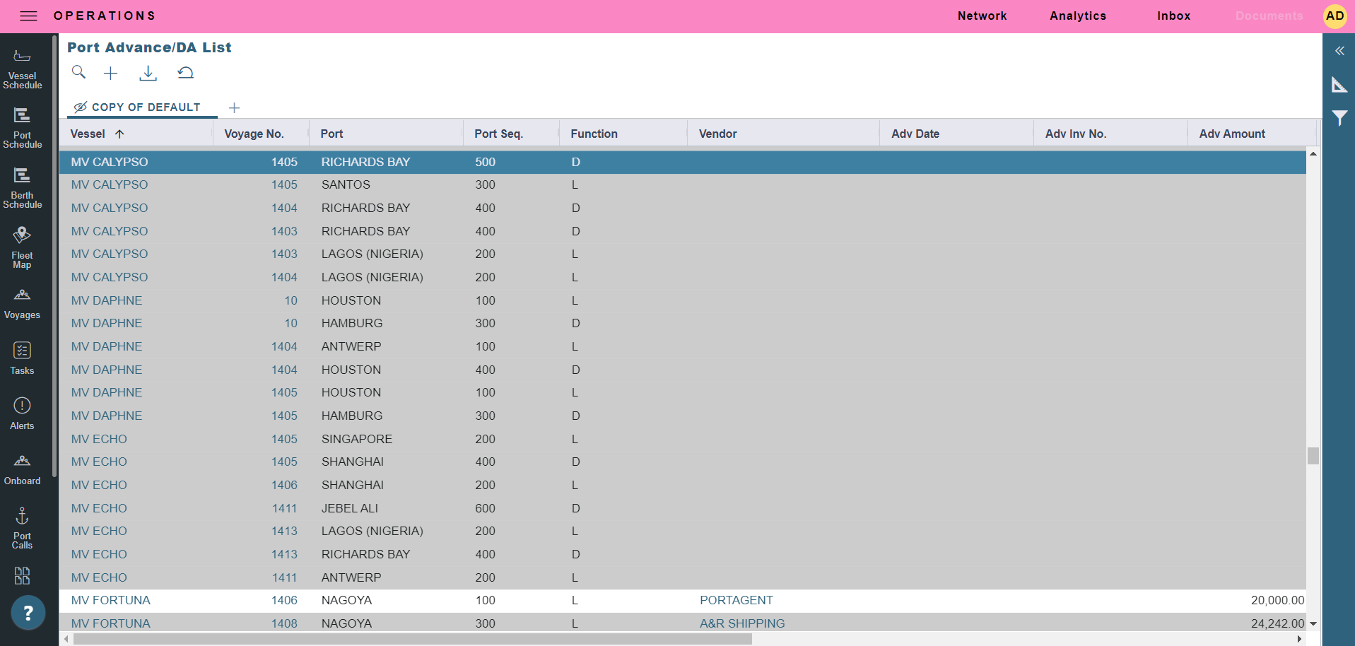 Port Advance DA List in the Veson IMOS Platform