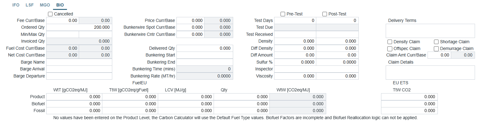 Fuel emission factors in the Bunker Purchase form