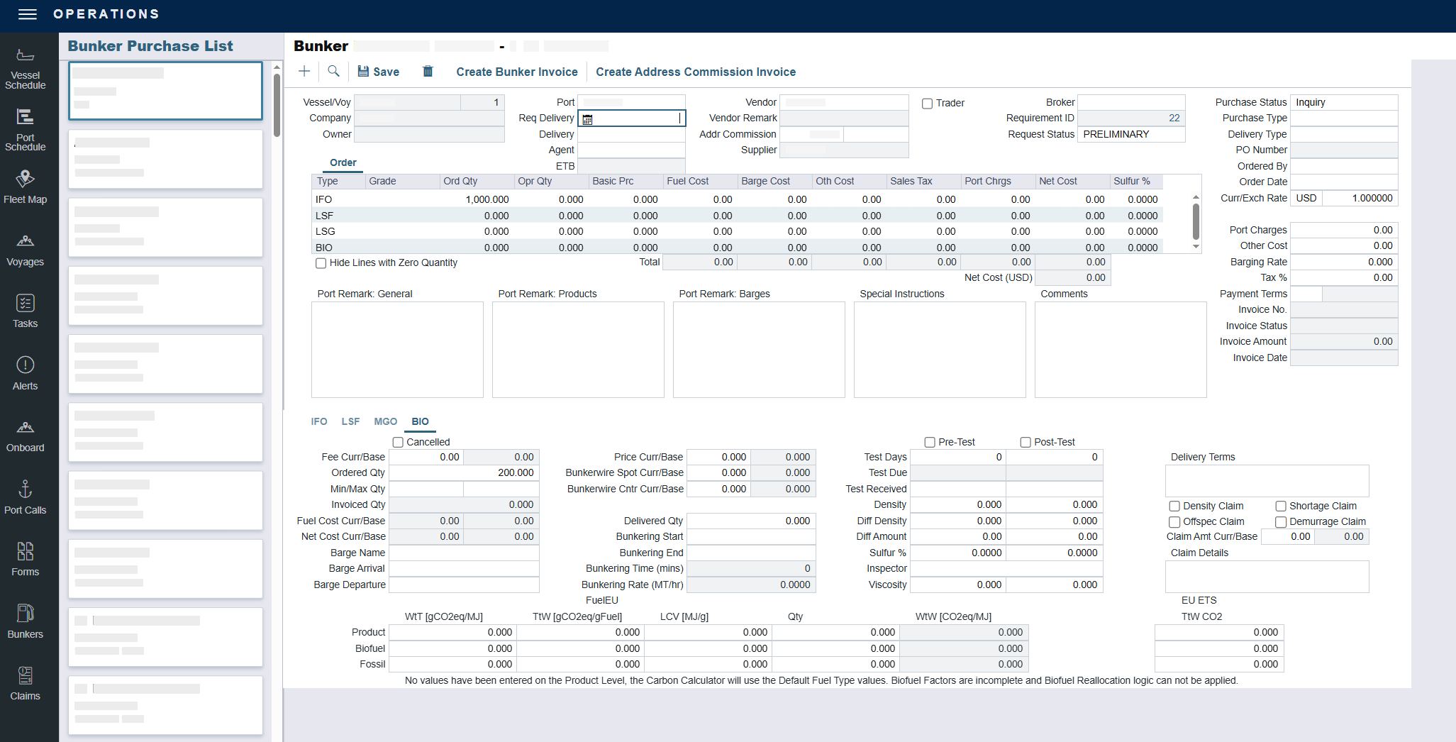 Bunker Purchase form