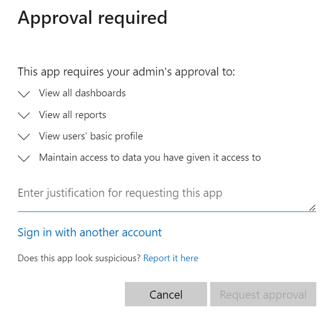 Approval required pop-up window in Power BI