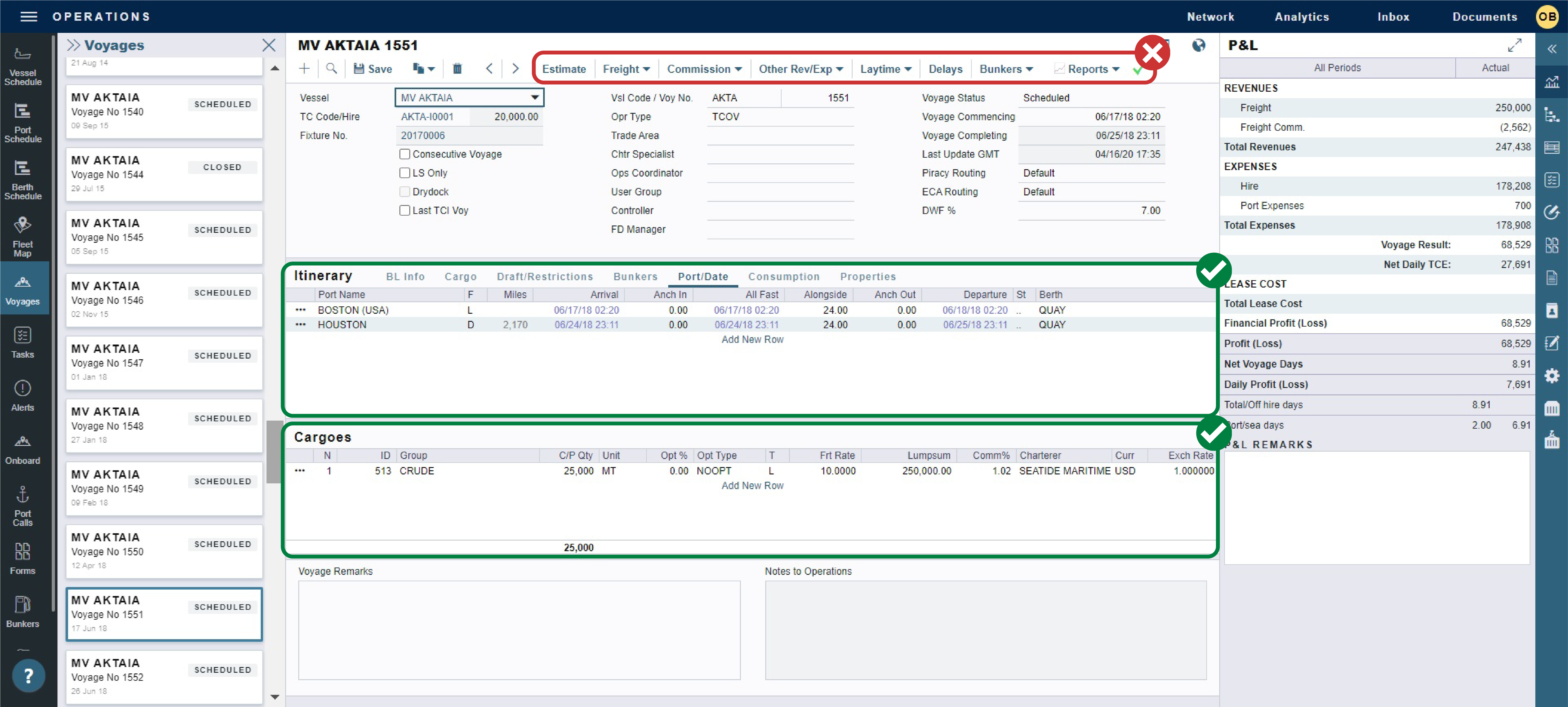 Voyage Manager screen in VIP with green checkmarks beside the itinerary and cargo grids and a red checkmark beside the top menu bar where external forms are linked