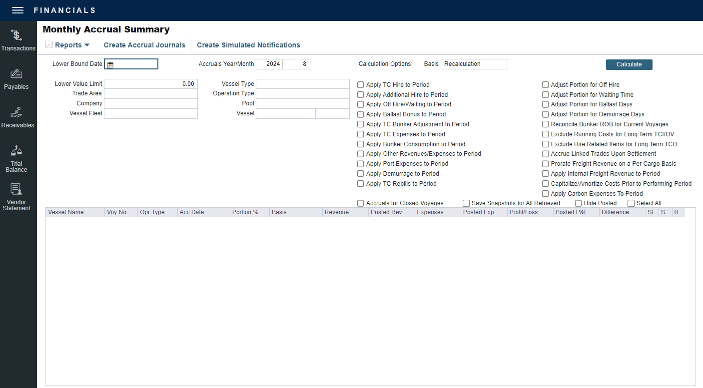 Monthly Accrual Summary screen in the IMOS Platform