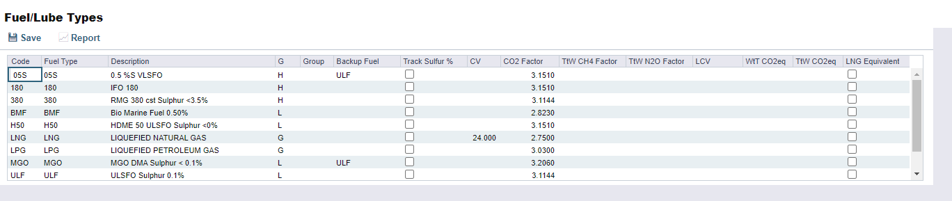 Fuel and Lube Types form in IMOS