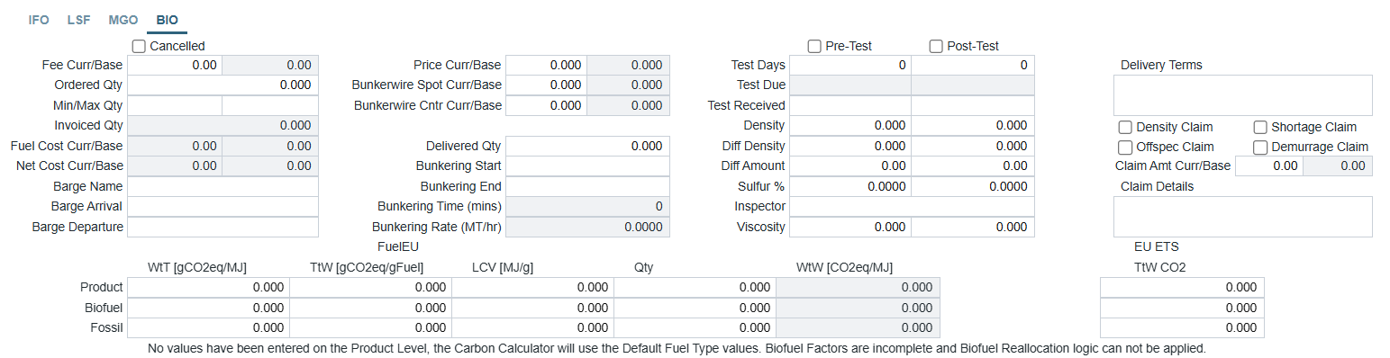The fuel tab of the Bunker Purchase form. Fuel emissions factors are included at the bottom.
