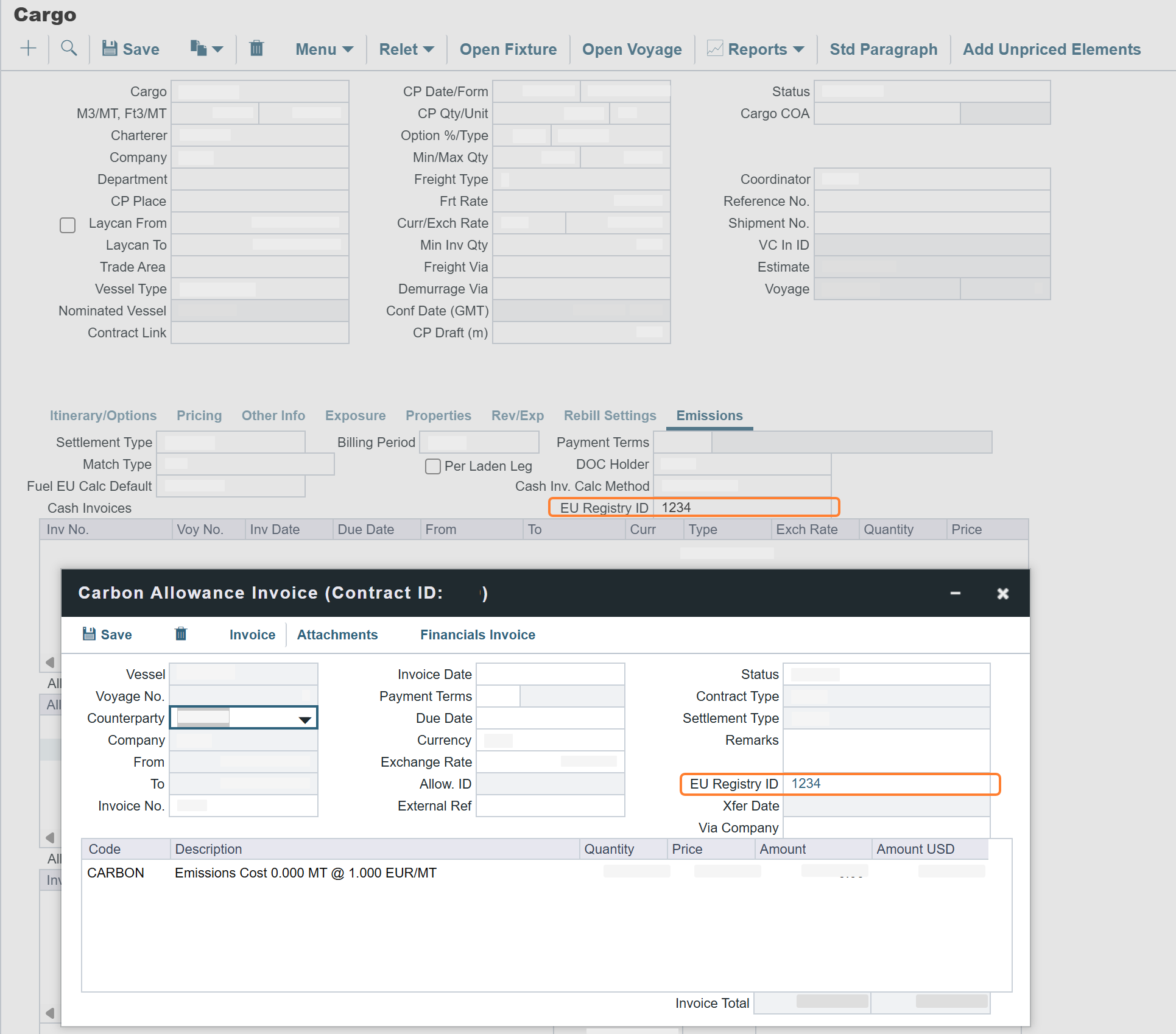EU Registry ID on Cargo Contract in IMOS