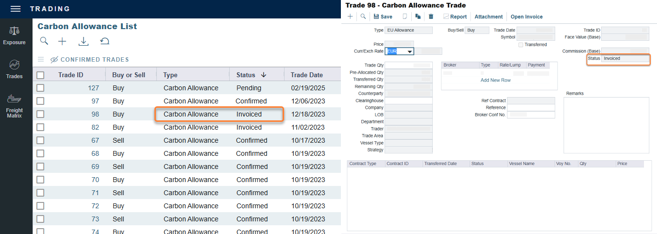 Carbon Allowance Trade in Invoiced status in the IMOS Platform's Trading Module