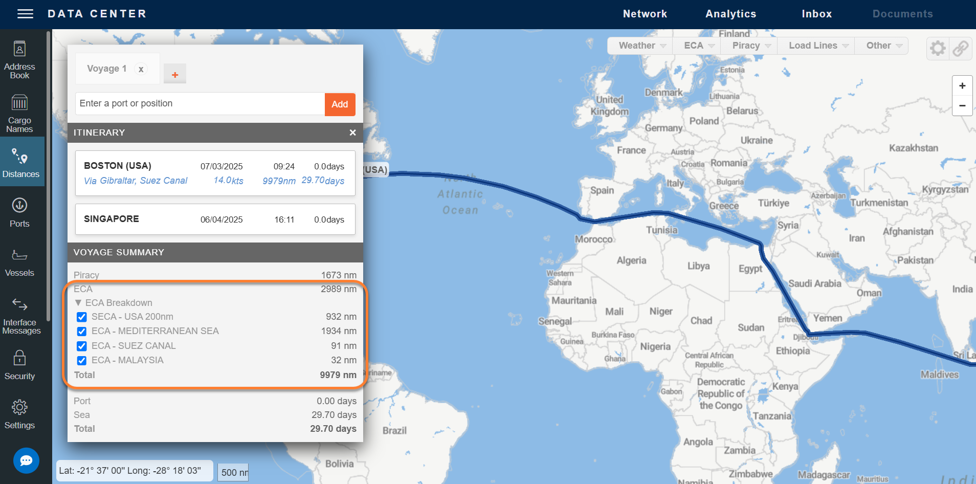 ECA Breakdown in the Voyage Summary panel in the IMOS Platform